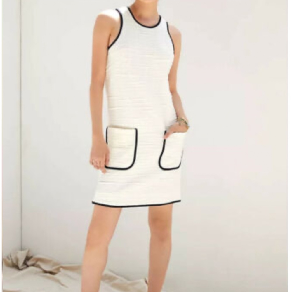 Anthropologie Maeve Patch Pocket Sheath Dress Sleeveless White Black Trim